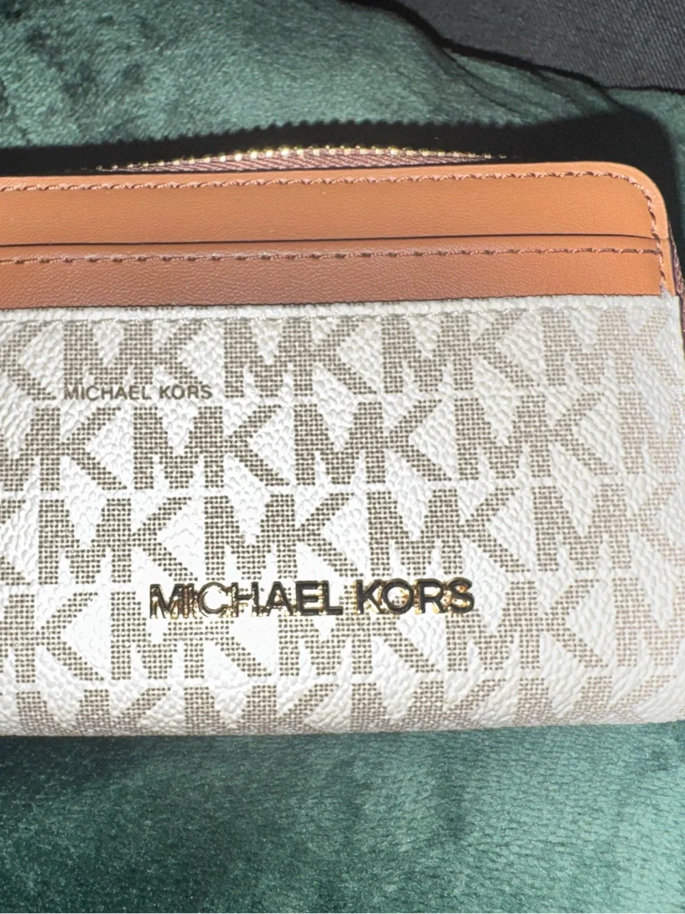 Michael Kors Beige Signature and Tan Leather Card Holder